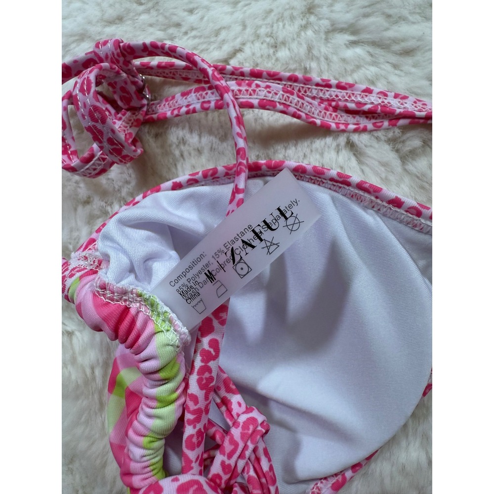 Y2K Bikini Set Pink Gingham Leopard Print Triangle Swimsuit Cutie Barbie Beach M - Picture 4 of 5